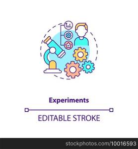 Experiments concept icon. Research conducted with scientific approaches idea thin line illustration. Experimental methods. Vector isolated outline RGB color drawing. Editable stroke. Experiments concept icon