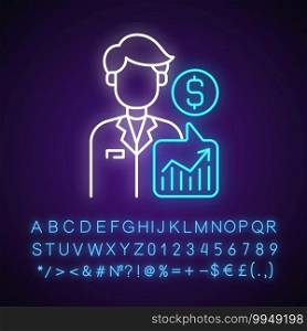 Expert prediction neon light icon. Sport games foreseeing. Analytical approach in match forecast. Outer glowing effect. Sign with alphabet, numbers and symbols. Vector isolated RGB color illustration. Expert prediction neon light icon