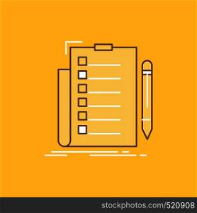 expertise, checklist, check, list, document Flat Line Filled Icon. Beautiful Logo button over yellow background for UI and UX, website or mobile application. Vector EPS10 Abstract Template background