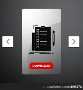 expertise, checklist, check, list, document Glyph Icon in Carousal Pagination Slider Design & Red Download Button. Vector EPS10 Abstract Template background
