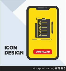 expertise, checklist, check, list, document Glyph Icon in Mobile for Download Page. Yellow Background. Vector EPS10 Abstract Template background