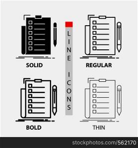 expertise, checklist, check, list, document Icon in Thin, Regular, Bold Line and Glyph Style. Vector illustration. Vector EPS10 Abstract Template background