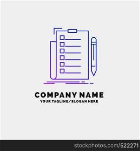 expertise, checklist, check, list, document Purple Business Logo Template. Place for Tagline. Vector EPS10 Abstract Template background