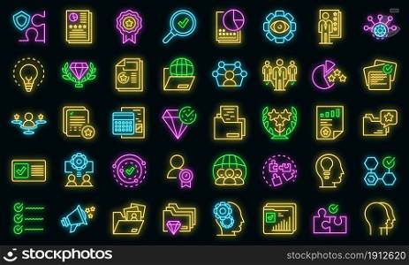 Expertise icons set. Outline set of expertise vector icons neon color on black. Expertise icons set vector neon