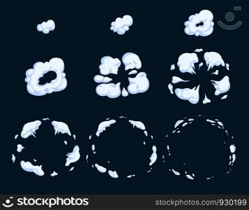 Explode animation. Smoke steam dust or smoke bomb exploding cartoon vector effects. Smoke explosion, explode illustration motion cloud illustration. Explode animation. Smoke steam dust or smoke bomb exploding cartoon vector effects