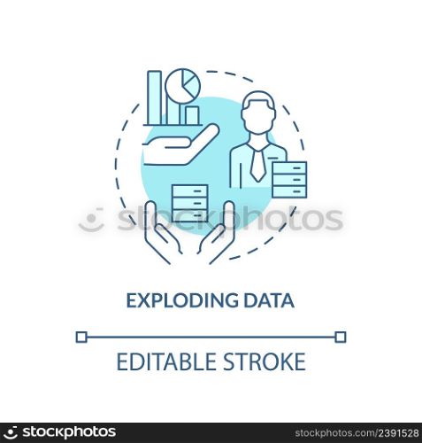 Exploding data turquoise concept icon. Basic problem of startup abstract idea thin line illustration. Structured knowledge. Isolated outline drawing. Editable stroke. Arial, Myriad Pro-Bold fonts used. Exploding data turquoise concept icon