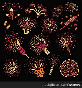 Exploding firecrackers and fireworks used for holidays. Isolated sparkling and bursting pyrotechnics for fun vacations or events. Congratulations and greeting during festive, vector in flat style. Fireworks and sparkling firecrackers for holidays and special occasions
