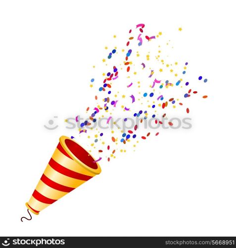 Exploding fullcolor poppers with confetti isolated on white background. Vector illustration.