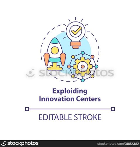 Exploding innovation centers concept icon. Technology startups. Trends in enterprise abstract idea thin line illustration. Isolated outline drawing. Editable stroke. Arial, Myriad Pro-Bold fonts used. Exploding innovation centers concept icon