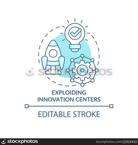 Exploding innovation centers turquoise concept icon. Trends in enterprise abstract idea thin line illustration. Isolated outline drawing. Editable stroke. Arial, Myriad Pro-Bold fonts used. Exploding innovation centers turquoise concept icon
