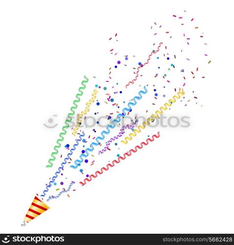 Exploding poppers with serpentine and confetti isolated on white background. Vector illustration.
