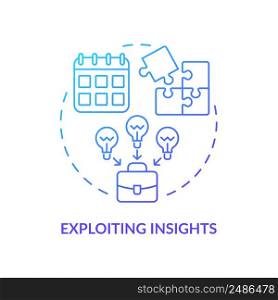 Exploiting insights blue gradient concept icon. Innovation management abstract idea thin line illustration. Build insightful knowledge. Isolated outline drawing. Myriad Pro-Bold font used. Exploiting insights blue gradient concept icon