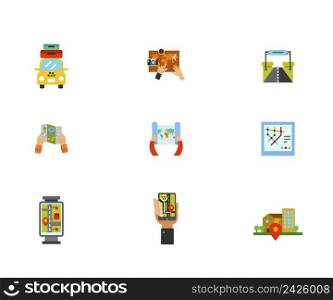 Exploration Icon Set.Taxi With Suitcases Planning Trip Road Sign Paper Map Subway Map Street Map Gps Navigation Geo Location