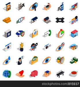 Exploration icons set. Isometric style of 36 exploration vector icons for web isolated on white background. Exploration icons set, isometric style
