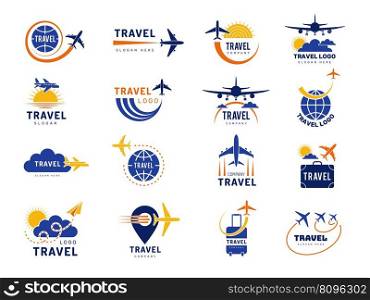 Exploration logo. Tourist agency pictures with travel symbols airplanes cars worldwide travelling recent vector business identity logo travel icon illustration. Exploration logo. Tourist agency pictures with travel symbols airplanes cars worldwide travelling recent vector business identity