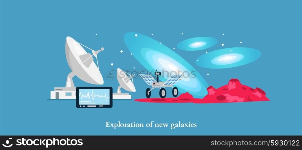 Exploration new galaxies icon flat isolated. Astronomy and universe, cosmos horizon, mission and aerospace industry, future technology innovation illustration