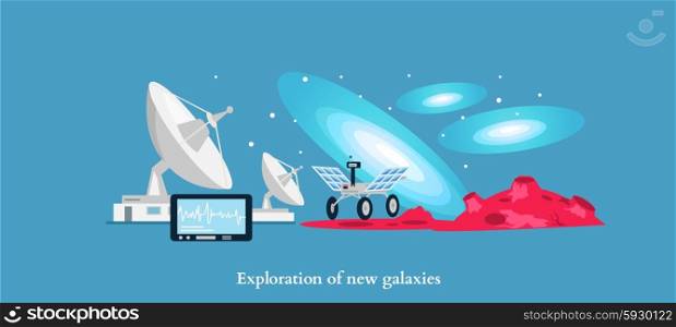 Exploration new galaxies icon flat isolated. Astronomy and universe, cosmos horizon, mission and aerospace industry, future technology innovation illustration