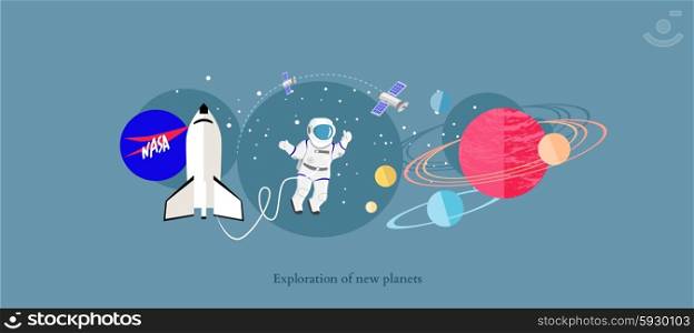 Exploration new planets icon flat isolated. Science space galaxy, universe and satellite, astronomy and astronaut, mission and rocket, solar and cosmos, probe and future discovery illustration