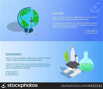 Explore and Experiment Scientific Internet Page. Explore and experiment scientific web page with globe model, metal divider, modern microscope and flask with substance vector illustratrations.