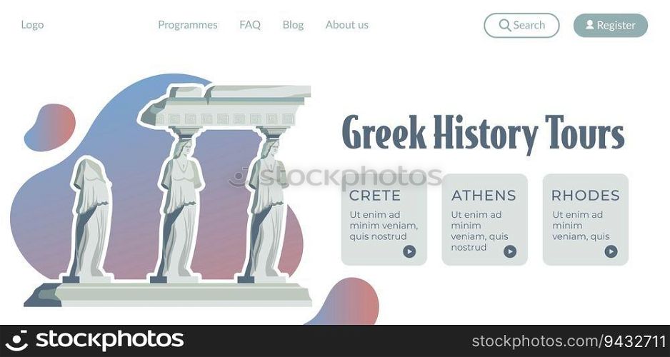 Explore Crete and Athens, visit Rhodes and learn more about Greek history tours. Traveling and vacation, trips for getting culture to know. Website landing page template, internet site. Vector in flat. Greek history tours, explore Crete and Athens