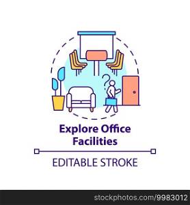 Explore office facilities concept icon. Newbie adaptation tip. Business perspective idea thin line illustration. Meeting room and break area. Vector isolated outline RGB color drawing. Editable stroke. Explore office facilities concept icon