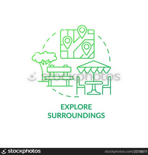 Explore surroundings green gradient concept icon. Adjusting to living abroad abstract idea thin line illustration. Sightseeing and walking. Local culture. Vector isolated outline color drawing. Explore surroundings green gradient concept icon