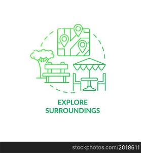 Explore surroundings green gradient concept icon. Adjusting to living abroad abstract idea thin line illustration. Sightseeing and walking. Local culture. Vector isolated outline color drawing. Explore surroundings green gradient concept icon