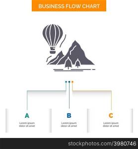 explore, travel, mountains, camping, balloons Business Flow Chart Design with 3 Steps. Glyph Icon For Presentation Background Template Place for text.
