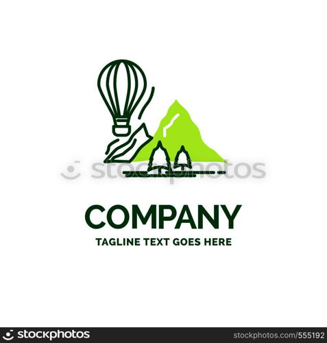 explore, travel, mountains, camping, balloons Flat Business Logo template. Creative Green Brand Name Design.