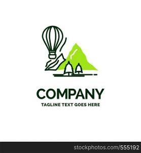 explore, travel, mountains, camping, balloons Flat Business Logo template. Creative Green Brand Name Design.
