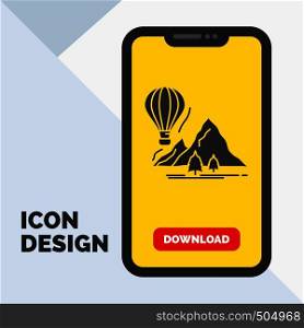 explore, travel, mountains, camping, balloons Glyph Icon in Mobile for Download Page. Yellow Background. Vector EPS10 Abstract Template background