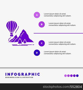 explore, travel, mountains, camping, balloons Infographics Template for Website and Presentation. GLyph Purple icon infographic style vector illustration.. Vector EPS10 Abstract Template background