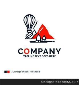 explore, travel, mountains, camping, balloons Logo Design. Blue and Orange Brand Name Design. Place for Tagline. Business Logo template.