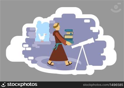 Explorer 2D vector web banner, poster. Monk in castle with books. Knowledge and learning. Medieval scientist flat characters on cartoon background. Education printable patches, colorful web elements. Explorer 2D vector web banner, poster