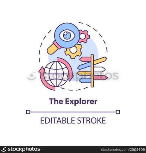 Explorer concept icon. Types of expats abstract idea thin line illustration. Person seeking for new experience. Discover and explore. Vector isolated outline color drawing. Editable stroke. Explorer concept icon