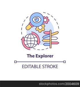 Explorer concept icon. Types of expats abstract idea thin line illustration. Person seeking for new experience. Discover and explore. Vector isolated outline color drawing. Editable stroke. Explorer concept icon
