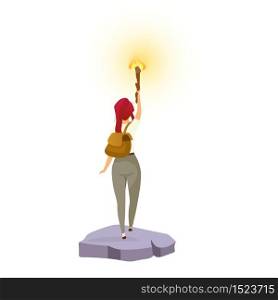 Explorer flat color vector illustration. Female adventurer with torch. Woman standing with flambeau. Backpacker searching for path. Tourist isolated cartoon character on white background