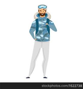 Explorer flat color vector illustration. Man in winter sportswear. Male tourist in camouflage coat. Adventurer in military style uniform. Expeditioner isolated cartoon character on white background