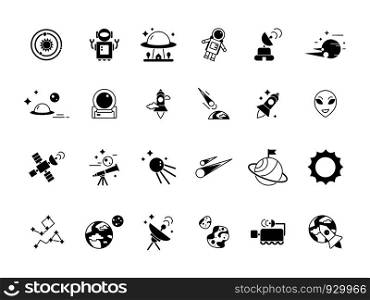 Explorer space icons. Telescope shuttle astronauts in moon and various planets satellites. Vector silhouettes of space pictures. Illustration of telescope and satellite moon, astronaut and shuttle. Explorer space icons. Telescope shuttle astronauts in moon and various planets satellites. Vector silhouettes of space pictures