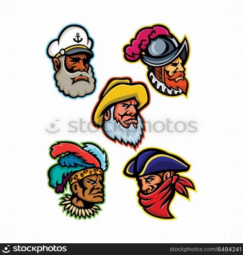 Explorers, Captains and Warrior Mascot. Mascot icon illustration set of heads of a conquistador or explorer, sea captain or skipper, old fisherman, Zulu warrior and a highwayman or robber viewed from on isolated background in retro style.. Explorers, Captains and Warrior Mascot