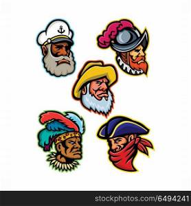 Explorers, Captains and Warrior Mascot. Mascot icon illustration set of heads of a conquistador or explorer, sea captain or skipper, old fisherman, Zulu warrior and a highwayman or robber viewed from on isolated background in retro style.. Explorers, Captains and Warrior Mascot