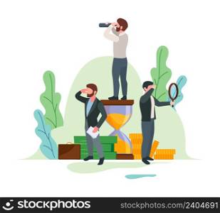 Exploring business characters. Successful person outdoor exploration watching in telescope or binoculars on growth up processes vector. Illustration of business success leadership, future planning. Exploring business characters. Successful person outdoor exploration watching in telescope or binoculars on growth up processes garish vector flat background