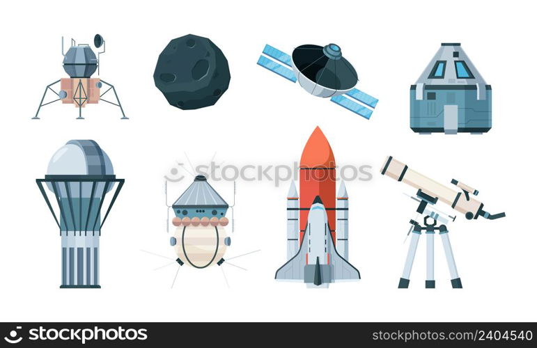 Exploring planets. Science astronomy planetarium telescope planets cosmos shuttle garish vector illustrations in flat style. Astronomy and planetarium equipment to research astrology. Exploring planets. Science astronomy planetarium telescope planets cosmos shuttle garish vector illustrations in flat style