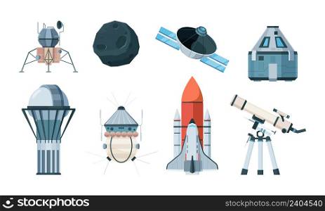Exploring planets. Science astronomy planetarium telescope planets cosmos shuttle garish vector illustrations in flat style. Astronomy and planetarium equipment to research astrology. Exploring planets. Science astronomy planetarium telescope planets cosmos shuttle garish vector illustrations in flat style