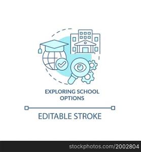 Exploring school options blue concept icon. Things to consider when move abstract idea thin line illustration. Education opportunities for kids. Vector isolated outline color drawing. Editable stroke. Exploring school options blue concept icon