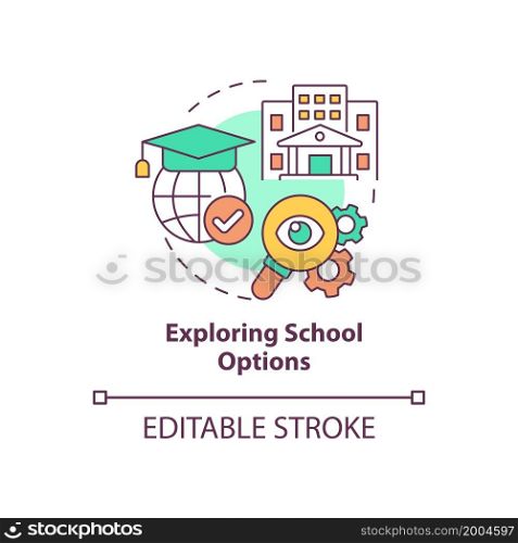 Exploring school options concept icon. Things to consider when moving abstract idea thin line illustration. Education opportunities for kids. Vector isolated outline color drawing. Editable stroke. Exploring school options concept icon