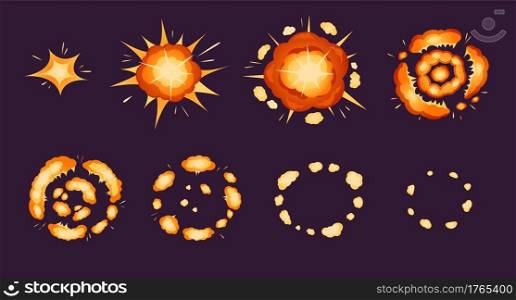 Explosion animation. Cartoon bomb exploding effect with smoke and particles. Fire blast frames, comic boom sprite sheet for games vector set. Atomic explode movement, bright burst, detonation. Explosion animation. Cartoon bomb exploding effect with smoke and particles. Fire blast frames, comic boom sprite sheet for games vector set