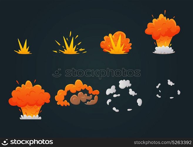 Explosion Animation Icon Set. Colored explosion animation icon set with explosion process step by step on black background vector illustration
