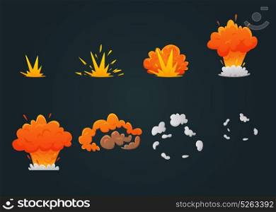 Explosion Animation Icon Set. Colored explosion animation icon set with explosion process step by step on black background vector illustration