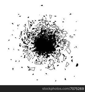 Explosion Cloud of Black Pieces on White Background. Sharp Particles Randomly Fly in the Air.. Explosion Cloud of Black Pieces. Sharp Particles Randomly Fly in the Air.